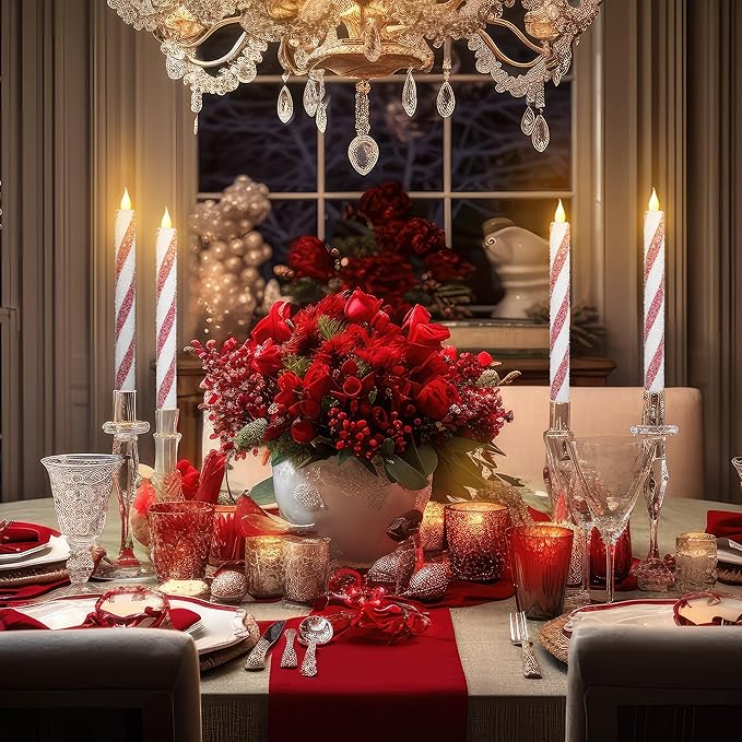 Christmas Flickering Flameless Taper Candles - 6PCS Glitter Candy Cane Red and White Stripes Sea Salt Real Wax Battery Operated Candles For Christmas Party Wedding Winter Home Decoration Xmas Decor