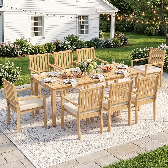 FansaFurn 9 Pieces Acacia Outdoor Patio Table and Chairs Set for All-Weather, Outside Furniture with Table Umbrella Hole and Removable Cushion for 8, Outdoor Patio Furniture Set for Garden, Brown
