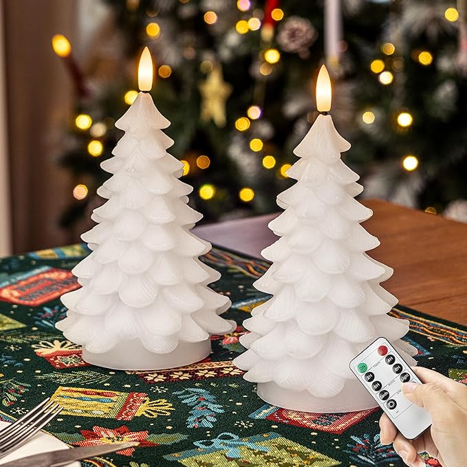 Christmas Tree Candles with Remote, 2 Pack White Flameless Candles Battery Operated, Real Wax Flickering Christmas Led Candle Decorations for Winter Home Holiday Xmas Gift