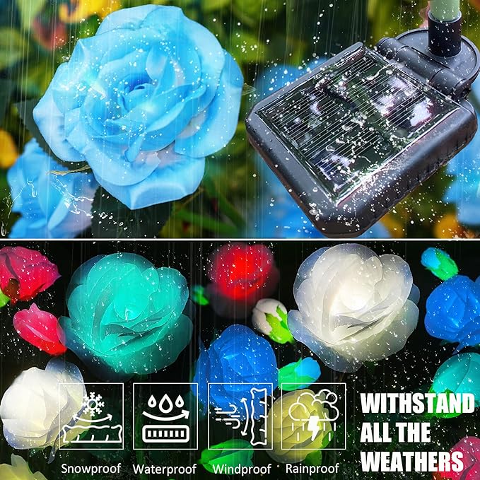 10 LED 7-Color Changing Solar Rose Flower Lights Garden Decorations Outdoor Waterproof Decorative Stake Lights for Patio Pathway Yard Lawn Decor(2 PCS Blue)