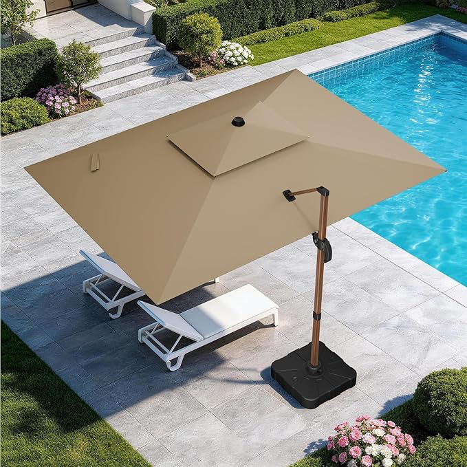 GENTEACO 10x13FT Rectangle Cantilever Patio Umbrella w/Base Included, Deluxe Wood Pattern Pole & 7 Angle Tilts, 360° Rotation, Offset Hanging Market Umbrellas for Garden Pool Patio, Tan
