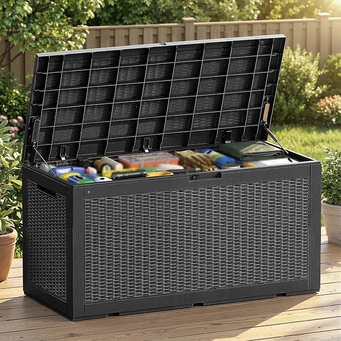 110 Gallon Outdoor Deck Storage Box, All-Weather Wicker Textured Lockable Storage Container for Pool, Patio & Backyard Large Outdoor Supplies Storage (Black,110GAL-1)