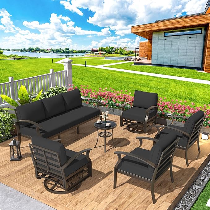 Aluminum Patio Furniture Set Patio Conversation Set,7 Seats Metal Modern Outdoor Furniture w/5.1" Cushions,Patio Sectional w/Swivel Chairs for Patio,Backyard,Dark Grey