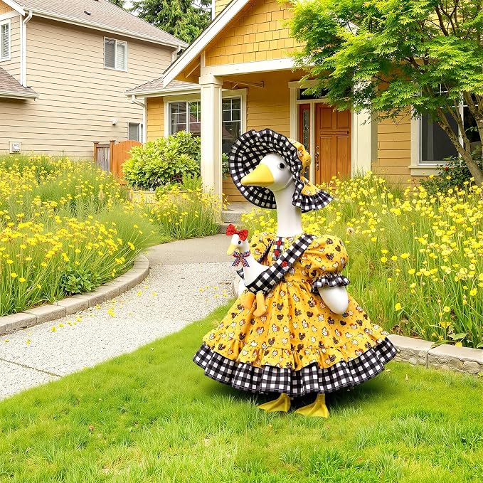 Porch Goose Outfit Set for 23 Inch Goose Statue, Spring Yellow Lolita Dress with Hat and 3D Baby Apron, Rustic Farmhouse Easter Summer Patio Yard Lawn Decor