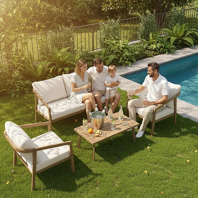 Patio Conversation Sets, 4 Piece Patio Furniture Sets with Loverseat、Armchair Sofa & Coffee Table, Aluminum Modern Outside Sectional Furniture for Garden, Backyard, Porch (Brown)