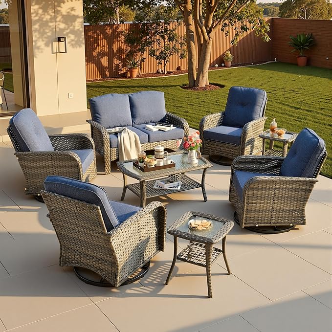 8-Piece Patio Furniture Set, Outdoor Wicker Furniture with Coffee Table, High Back Swivel Rocker Patio Chairs, Modern Rattan Outdoor Chairs Conversation Set for Porch, Balcony, Garden, Denim Blue