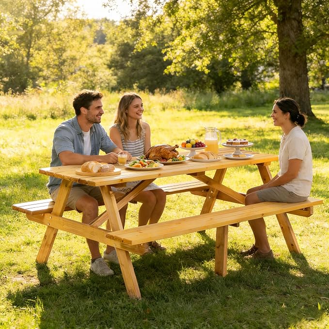 75 inch Wooden Picnic Table,Outdoor Wooden Dining Rectangle Table w/Umbrella Hole,Picnic Table Bench Set for 6 or 8 Person,2200lbs Capacity Natural for Camping, Garden & BBQ,Yellow