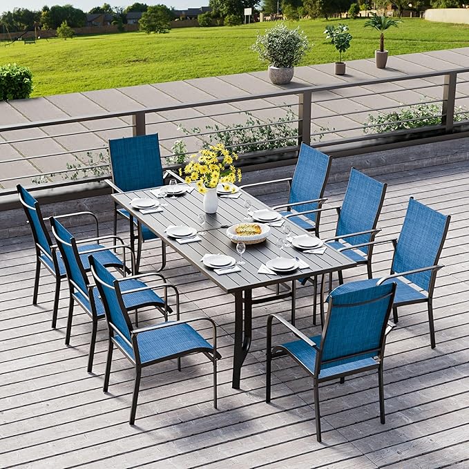 BUPPLEE 9-Piece Outdoor Patio Dining Set with 8 Stackable Dining Chairs, Metal Table with Umbrella Hole, 8-Person Patio Table and Chairs for Backyard, Poolside, Balcony and Garden Blue