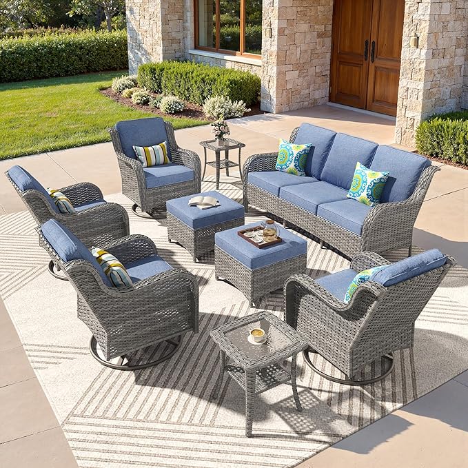 ovios 9-Piece Patio Furniture Set with Swivel Chairs Coffee Table, Outdoor Wicker Sofa with Comfy Cushions, High Back Couch Modern Conversation Sets, Grey/Denim Blue