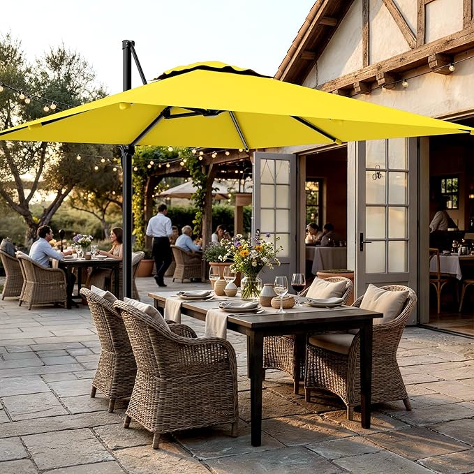 AreShark 9 × 9FT Square Cantilever Patio Umbrella with Base Included, 360° Rotation Offset Outdoor Umbrella, 5 Tilt Settings Heavy Duty Hanging Parasol for Deck Garden Pool, Yellow