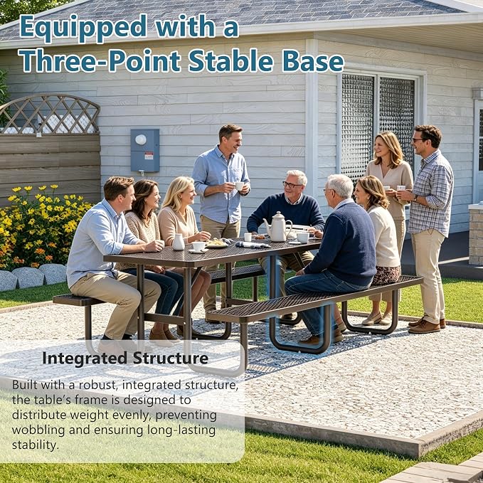 96" Heavy Duty Metal Picnic Table for 10 People, Outdoor Dining with Umbrella Hole, Galvanized Steel Rustproof Frame 882LBS Capacity, Mesh Top for Garden Patio Camping, Black
