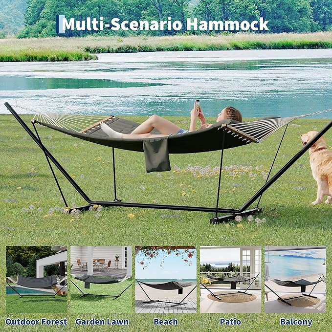 Double Hammocks with Stand for Outside, Heavy Duty Portable Outdoor Hammock with Carrying Bag & Soft Pillow & Paded, 450 LBS Weight Capacity, Perfect for Outdoor Indoor Patio Backyard Garden
