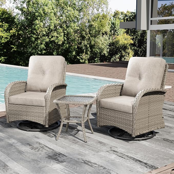 Joyside Outdoor Swivel Rocker Chairs, 3 Piece Wicker Patio Set with Thickened Cushions, High Back, Deep Seating, Wide Armrest, Outdoor Swivel Chairs for Porch, Deck