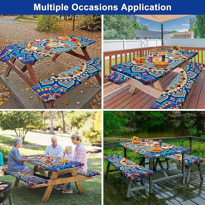 Picnic Table Cover with Bench Covers Camping Essentials Waterproof Windproof Camping Tablecloth with Drawstring Bag, Fitted Rectangle Tables and Seats, 72in, Yellow Blue Orange