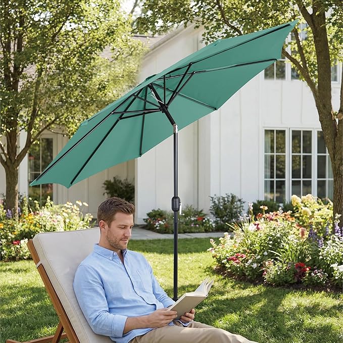 9FT Outdoor Patio Umbrella with Push Button Tilt and Crank, Market Umbrella, 8 Heavy-Duty Ribs, Outdoor Table Umbrella for Garden, Deck, Poolside & Backyard