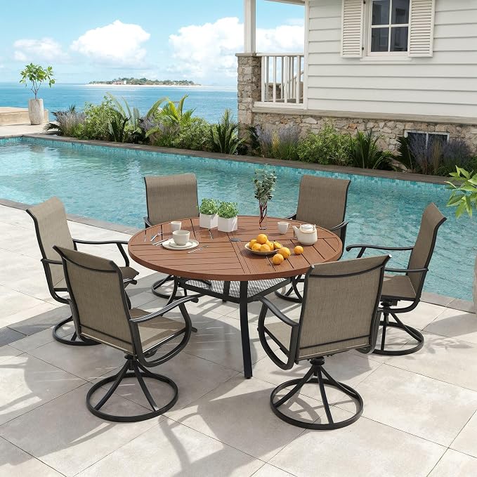 VICLLAX 53" Round Patio Dining Table for 6-8, All Weather Metal Outdoor Table with 1.57" Umbrella Hole and Surdy Frame for Garden Lawn Deck, Walnut