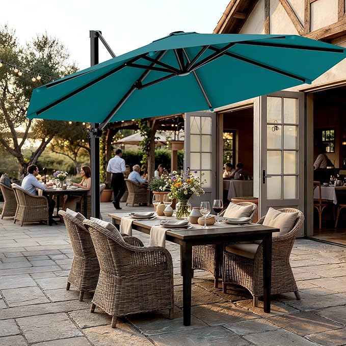 AreShark 11FT Round Cantilever Patio Umbrella with Base Included, 360° Rotation Offset Outdoor Umbrella, 5 Tilt Settings Heavy Duty Hanging Parasol for Deck Garden Pool, Lake Blue