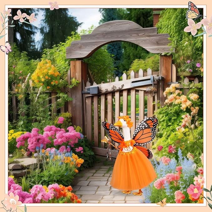 5pcs Butterfly Porch Goose Outfit Costume Tutu Skirt Butterfly Wing Wand Flower Crown for 17‘' 23‘' Cement Goose