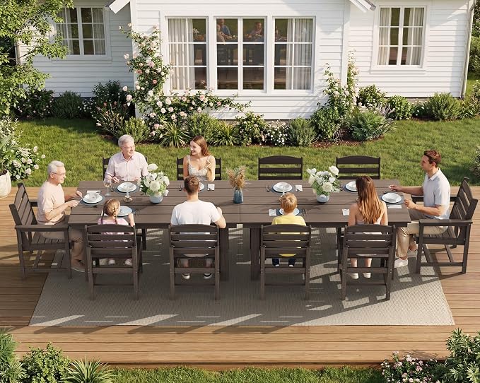 SERWALL HDPE Outdoor Dining Set for 10 with 2 Tables & 10 Chairs, Coffee | Includes 2 Rectangular Tables(67") and 10 Chairs. All-Weather Resistant Dining Furniture