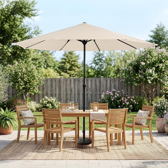9FT Round Patio Umbrella with 19lb Weighted Base - Easy Crank, Vented Canopy Outdoor Umbrella for Shade - For Deck, Balcony, Porch, Backyard, or Pool by Pure Garden (Champagne)