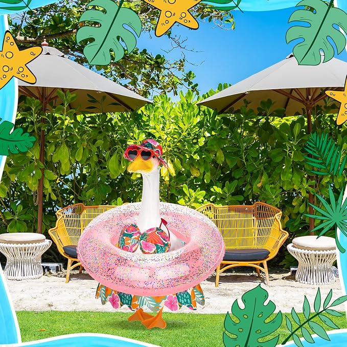 Hawaiian Porch Goose Outfits Summer Bikini Goose Clothes Costume Fits 23" Goose Statue with Hat Sunglasses & Swimming Ring