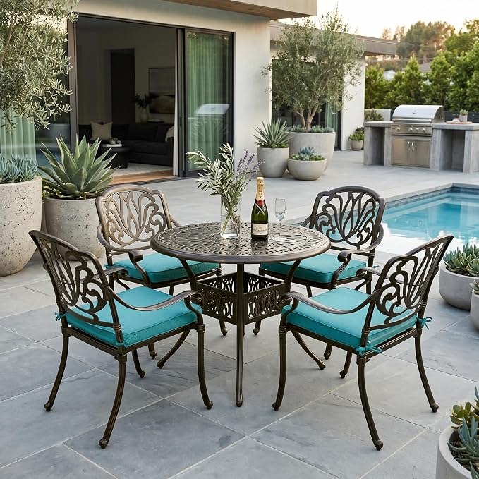 VIVIJASON 5-Piece Outdoor Patio Dining Set, All-Weather Cast Aluminum Conversation Set, Patio Furniture Set Include 4 Cushioned Chairs, a 35.4 inch Round Table w/Umbrella Hole, Ocean Blue Cushion