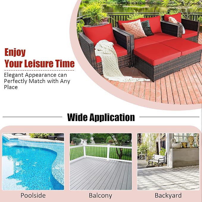 DORTALA 5-Piece Outdoor Patio Conversation Set, Loveseat and 2 Ottoman, Outdoor Sectional Rattan Sofa Set, Multifunctional Rattan Furniture Set Suitable for Home Backyard Garden Poolside Balcony, Red