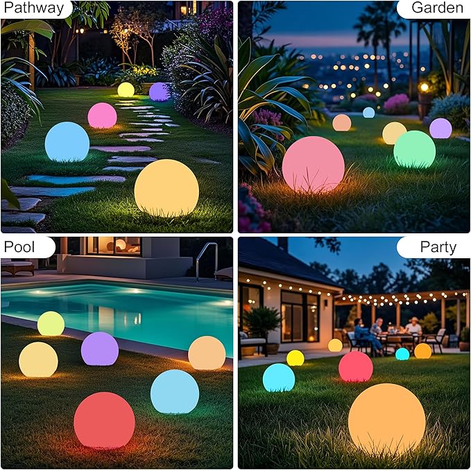 6 Inch Ball Light, Outdoor Glow Globe Light with Remote Control, LED Gazing Ball Night Light 16 Modes RGB Color Changing, Waterproof Globe for Garden Yard Pathway Decor