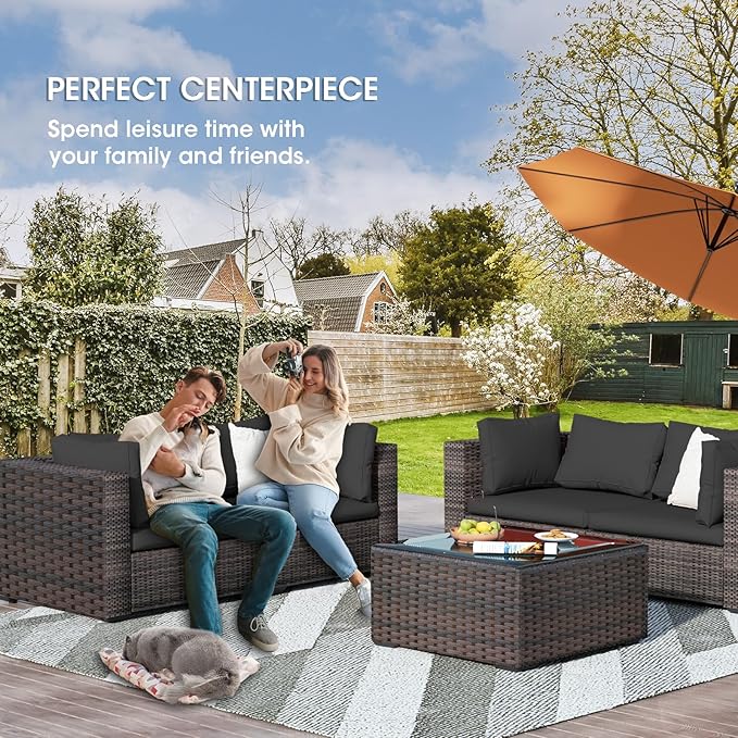 3 Piece Patio Furniture Set All Weather PE Rattan Outdoor Sectional Sofa Couch with No-Slip Cushions and Glass Top Table for Garden, Poolside, Backyard (Black)