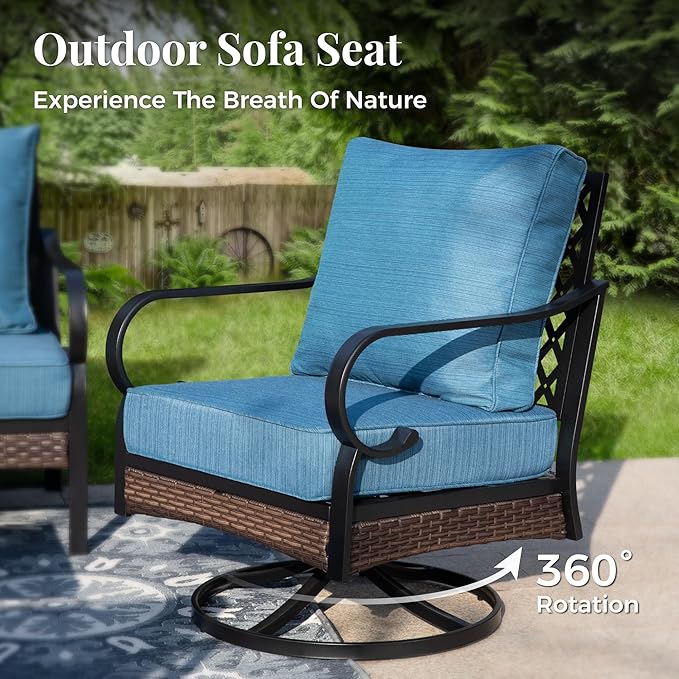 Patio Furniture Set with Fire Pit Table, Black Frame Outdoor Conversation Set with 2 x Swivel Chairs, 1 x 2-Seat Sofa, 1 x 3-Seat Sofa for Patio Backyard, Pacific Blue