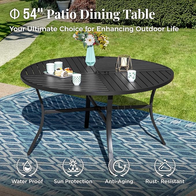 MIXPATIO Outdoor Patio Round Dining Table for 6, 54"x 54" Metal Round Table with Adjustable Umbrella Hole, All Weather Wrought Iron Black Outdoor Table for Deck Lawn Garden Backyard, Black