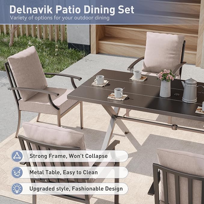 Kurapika 9 Pieces Patio Dining Set Outdoor Furniture with 8 Fixed Chairs, Metal Patio Furniture Set 8 Chairs and Large Table with Umbrella Cutout for Yard Porch, Sand