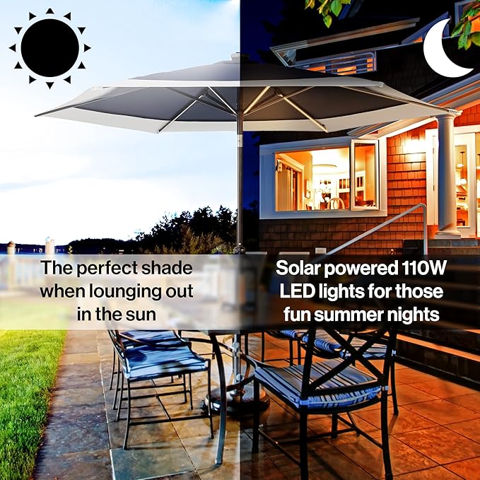 JONATHAN Y Spencer 9 ft. Solar Powered LED Patio Umbrella with Crank and Tilt, Hexagon Outdoor Market Sunshade for Garden, Deck and Pool, Navy/White, Dark Brown Pole UMB1100A
