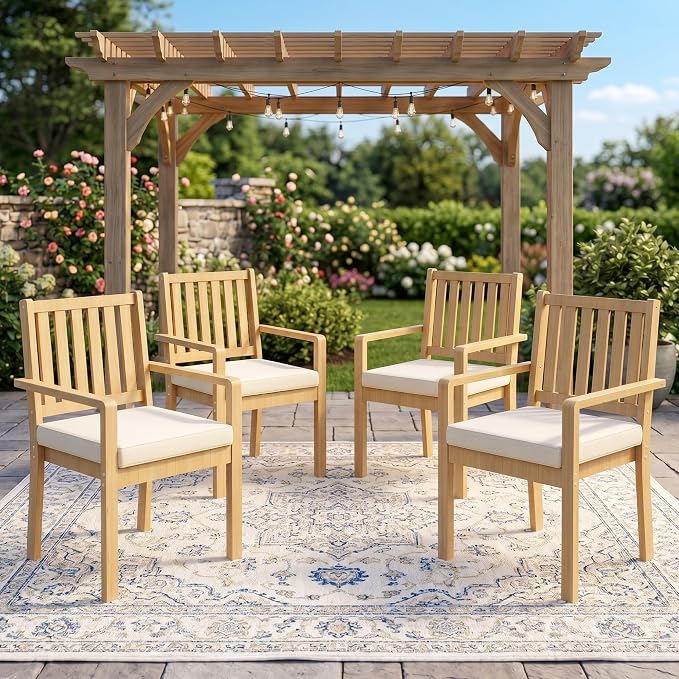 FansaFurn Acacia Patio Chairs Set of 4 for All-Weather, Solid Wood Outside Furniture with 3.1" Thick Cushions, Modern Outdoor Chairs for Backyard, Porch, Garden, Indoor Use, Brown