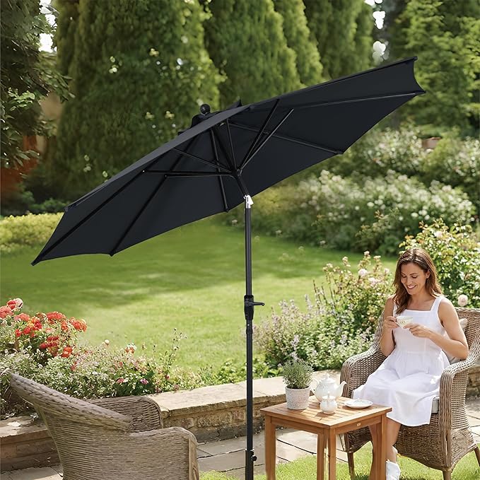 9FT Outdoor Patio Umbrella with Crank Lift & Auto Tilt - Market Umbrella, 8 Heavy-Duty Ribs, UV Resistant & Water-Repellent for Garden, Deck, Poolside & Backyard
