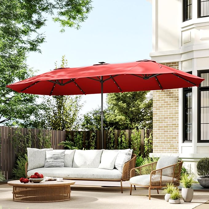Outsunny 13ft Large Patio Umbrella with Solar Lights, Rectangular Double-Sided Outdoor Market Umbrella with Crank Handle and 48 LED Bulbs for Garden, Pool and Backyard, UPF 30+