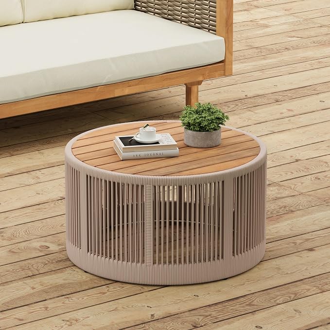 Round Outdoor Coffee Table, Acacia Wood & Rattan Rope Patio Side Table, Weather Resistant Natural Iron Frame Accent Table, 26 Inch Rustic Furniture for Garden Yard Balcony Porch