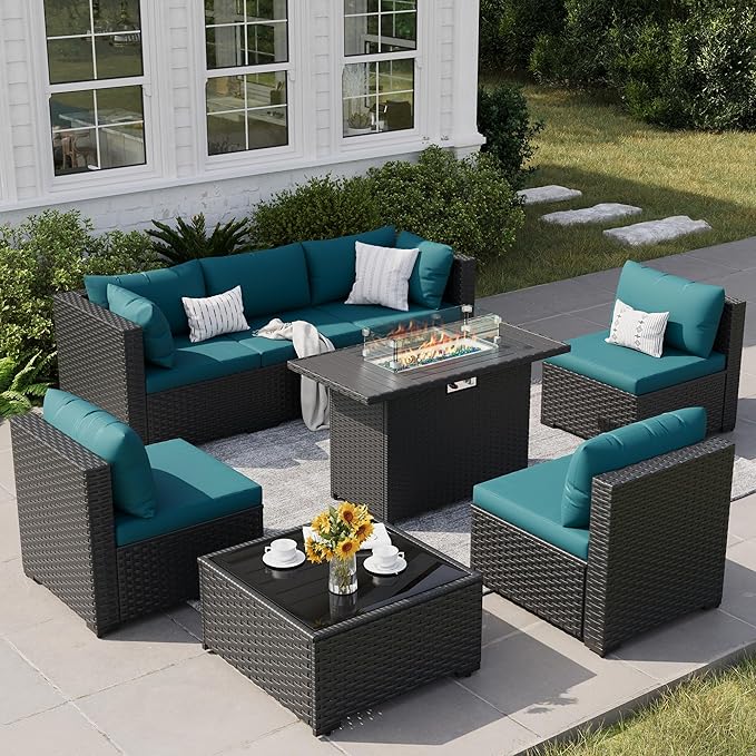 8 Piece Patio Furniture Set with 43" Fire Pit Table, Outdoor Sectional Wicker Rattan Sofa Set with Coffee Table (Peacock Blue/Black)