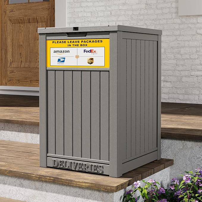 Package Delivery Box for Outside With Sign, Lockable Outdoor Storage Box Waterproof Deck Box, Large Double Wall Resin Parcel Drop Boxes, 48 Gallon, Classic Gray