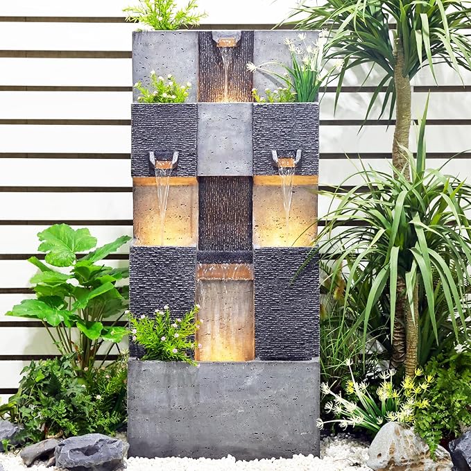 Bumilgar 44.8" H Modern Outdoor Water Fountain with LED Lights and Pump, Mutiply-Tier Standing Cascading Waterfall - Modern Design for Garden,Patio,Yard, Multi-Level Outdoor Decor (Gray)