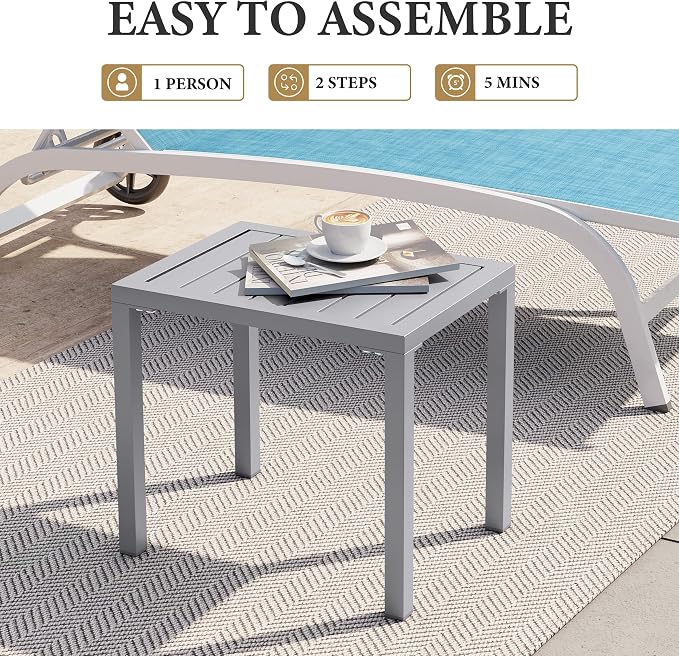 Crestlive Products Outdoor Side Table Set of 2, Aluminum Rectangular Side/End Table, Small Patio Coffee Bistro Table for Outdoor Indoor (Light Grey)