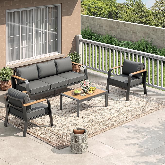 Garvee Outdoor Aluminum Patio Furniture 1 Pcs 3-Seat Outdoor Furniture All-Weather Metal Modern Outside Sofa with Washable Thick Cushion for Garden, Balcony, Deck, Backyard, Dark Grey
