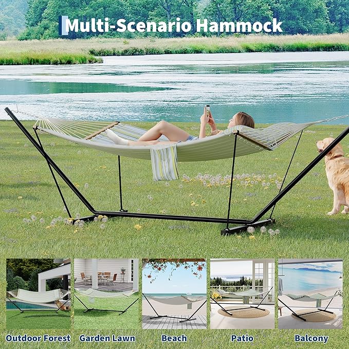 2-Person Hammock with Stand, 450lbs Capacity, Padded Polyester, Heavy-Duty Steel Frame, Portable Carry Bag for Patio, Backyard & Poolside