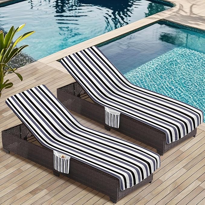 Lounge Chair Towel Cover, Beach Chair Covers (Pack of 2), Chaise Lounge Cover with 3 Pockets for Pool Beach Garden Courtyard Outdoor Trips, 85 x30 in, Striped Black Gray