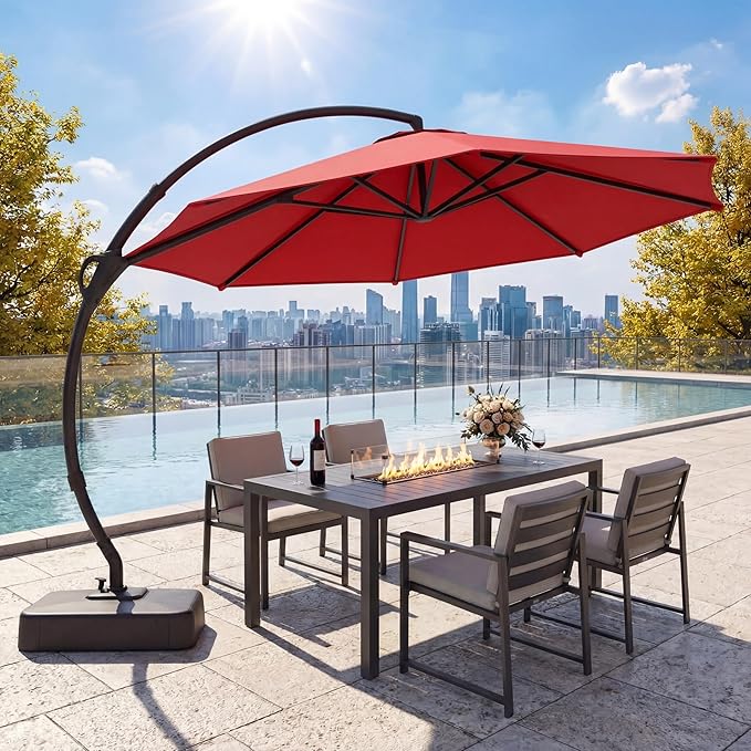 LAUSAINT HOME 11FT Curvy Cantilever Patio Umbrella with Base, 360° Rotation Offset Outdoor Umbrella, Heavy Duty Hanging Umbrella for Backyard, Pool, Garden(Red)