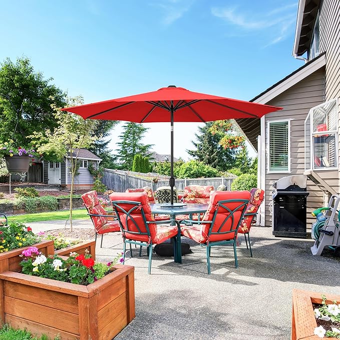 Sundale Outdoor 11 ft Patio Umbrella with Sand Bag Umbrella Base Included, Outdoor Umbrella with Tilt and Crank, Red