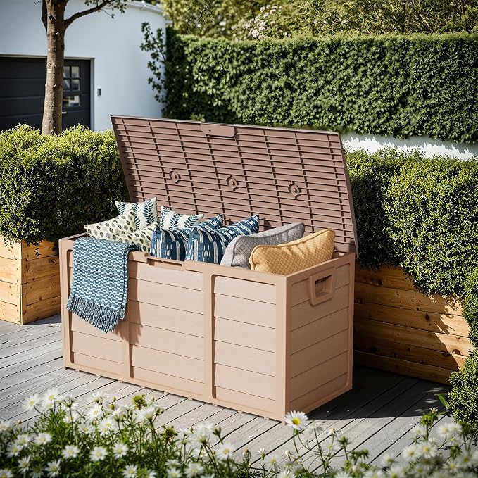 Crownland Outdoor 75 Gallon Storage Deck Box, Weatherproof Woodgrain Patio Storage Box for Balcony, Garden, Backyard (Light Brown)