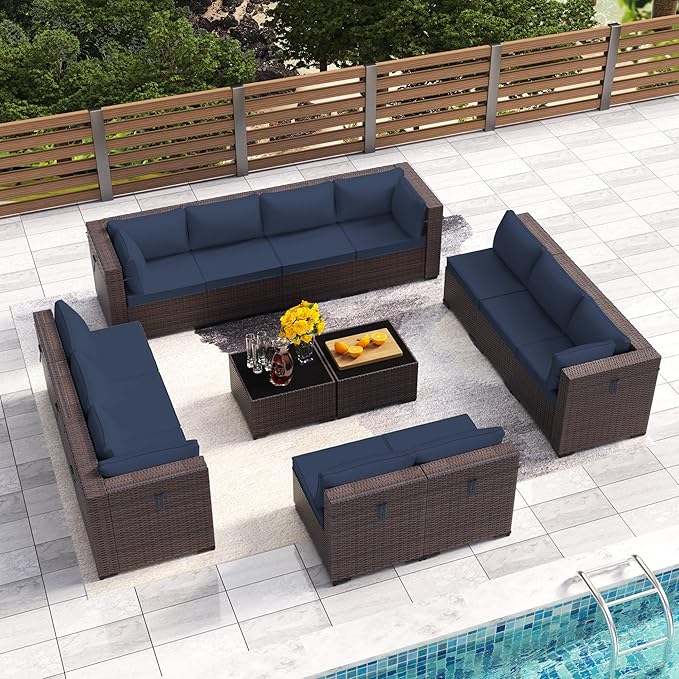 15 Pieces Outdoor Patio Furniture Set,Outdoor Sectional Furniture with 43" 55000 BTU Gas Propane Fire Pit Table,All Weather PE Rattan Wicker Patio Conversation Set,Navy Blue