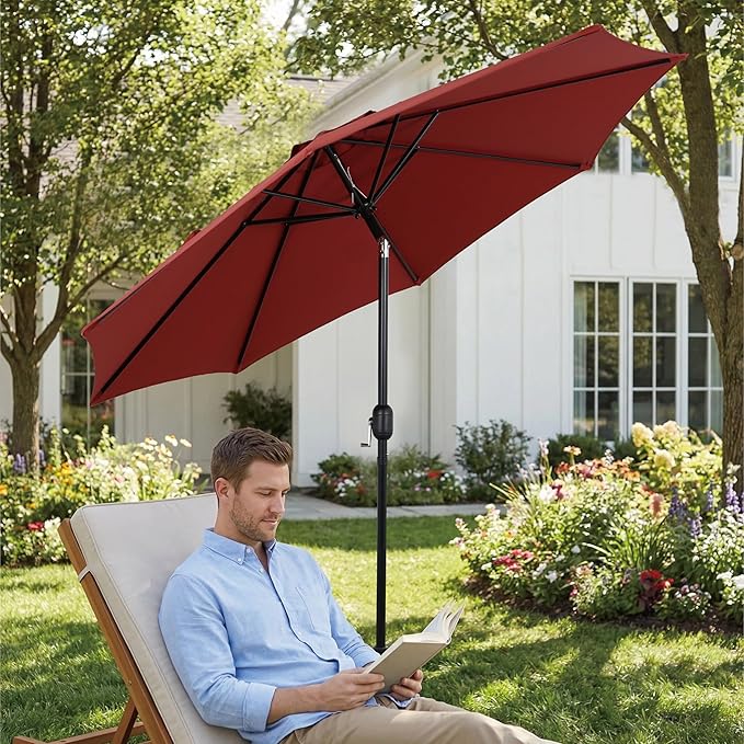 9FT Outdoor Patio Umbrella with Push Button Tilt and Crank, Market Umbrella, 8 Heavy-Duty Ribs, Outdoor Table Umbrella for Garden, Deck, Poolside & Backyard