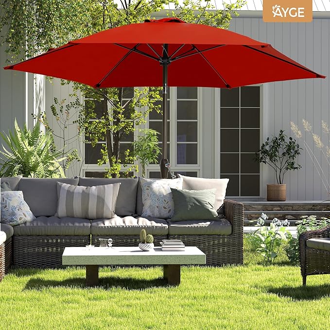 Ayge 7.5FT Large Outdoor Patio Umbrella Market Table Umbrella-UV Resistant, Easy Push Button Tilt and Crank, 6 Sturdy Fiberglass Ribs Heavy-Duty Pool Umbrella for Deck, Backyard,Garden, Yard,Red